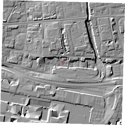 Shaded relief map of the ground around E140AL, computed from Environment Agency LiDAR. The ground here sits at about 2 m above sea level and falls 13 m across the surrounding 800 m. Surface water reaching this point runs off ground lying to the north, 6.1 m higher.
