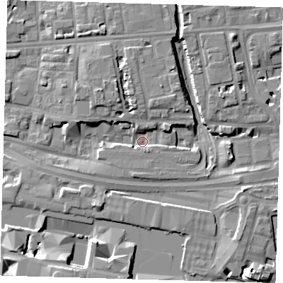 Shaded relief map of the ground around E140AN, computed from Environment Agency LiDAR. The ground here sits at about 2 m above sea level and falls 11 m across the surrounding 800 m. Surface water reaching this point runs off ground lying to the north, 5.5 m higher.