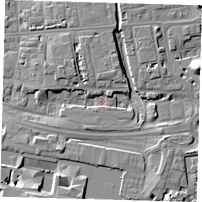 Shaded relief map of the ground around E140AP, computed from Environment Agency LiDAR. The ground here sits at about 3 m above sea level and falls 12 m across the surrounding 800 m. Surface water reaching this point runs off ground lying to the north-north-west, 5.5 m higher.