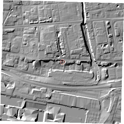 Shaded relief map of the ground around E140AQ, computed from Environment Agency LiDAR. The ground here sits at about 4 m above sea level and falls 12 m across the surrounding 800 m. Surface water reaching this point runs off ground lying to the north-north-west, 6.1 m higher.
