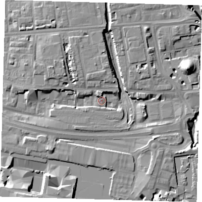 Shaded relief map of the ground around E140AR, computed from Environment Agency LiDAR. The ground here sits at about 4 m above sea level and falls 14 m across the surrounding 800 m. Surface water reaching this point runs off ground lying to the south-east, 6.3 m higher.