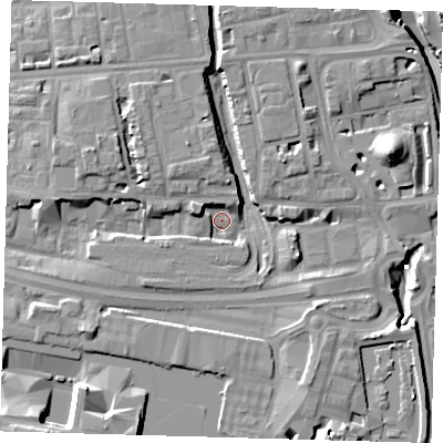 Shaded relief map of the ground around E140AT, computed from Environment Agency LiDAR. The ground here sits at about 2 m above sea level and falls 14 m across the surrounding 800 m. Surface water reaching this point runs off ground lying to the south-south-east, 6.3 m higher.