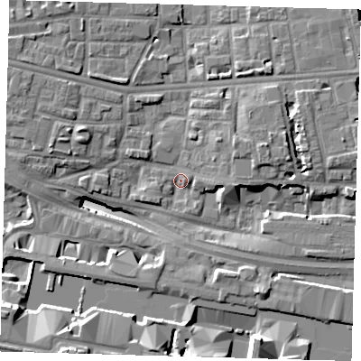 Shaded relief map of the ground around E140AU, computed from Environment Agency LiDAR. The ground here sits at about 3 m above sea level and falls 18 m across the surrounding 800 m. Surface water reaching this point runs off ground lying to the east-north-east, 6.1 m higher.