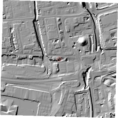Shaded relief map of the ground around E140BB, computed from Environment Agency LiDAR. The ground here sits at about 5 m above sea level and falls 16 m across the surrounding 800 m. Surface water reaching this point runs off ground lying to the north-north-west, 5.2 m higher.