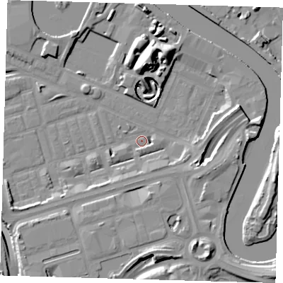 Shaded relief map of the ground around E140BD, computed from Environment Agency LiDAR. The ground here sits at about 2 m above sea level and falls 16 m across the surrounding 800 m. Surface water reaching this point runs off ground lying to the south-east, 3.8 m higher.