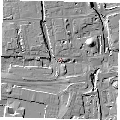 Shaded relief map of the ground around E140BG, computed from Environment Agency LiDAR. The ground here sits at about 5 m above sea level and falls 16 m across the surrounding 800 m. Surface water reaching this point runs off ground lying to the north-north-west, 2.4 m higher.