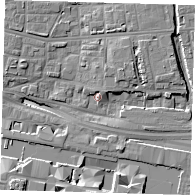 Shaded relief map of the ground around E140BJ, computed from Environment Agency LiDAR. The ground here sits at about 4 m above sea level and falls 19 m across the surrounding 800 m. Surface water reaching this point runs off ground lying to the north-east, 6.1 m higher.