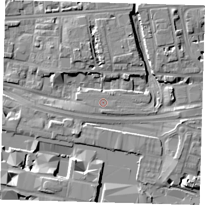 Shaded relief map of the ground around E140BL, computed from Environment Agency LiDAR. The ground here sits at about 4 m above sea level and falls 11 m across the surrounding 800 m. The ground contributing surface water to this point lies to the south-east.