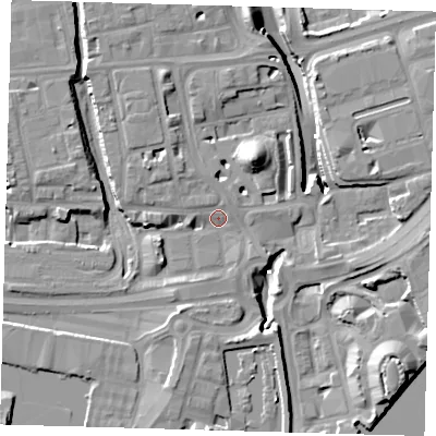 Shaded relief map of the ground around E140BN, computed from Environment Agency LiDAR. The ground here sits at about 4 m above sea level and falls 15 m across the surrounding 800 m. Surface water reaching this point runs off ground lying to the north-west, 4.1 m higher.