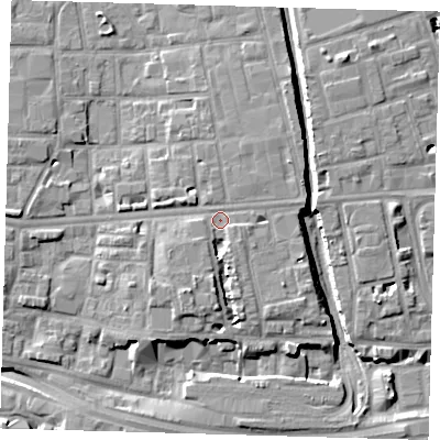 Shaded relief map of the ground around E140BP, computed from Environment Agency LiDAR. The ground here sits at about 6 m above sea level and falls 10 m across the surrounding 800 m. Surface water reaching this point runs off ground lying to the south-south-west, 3.0 m higher.