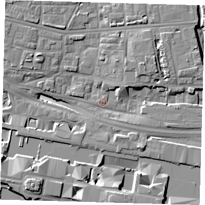 Shaded relief map of the ground around E140BY, computed from Environment Agency LiDAR. The ground here sits at about 4 m above sea level and falls 19 m across the surrounding 800 m. Surface water reaching this point runs off ground lying to the north-east, 6.1 m higher.