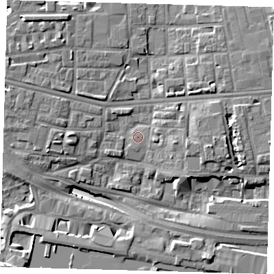 Shaded relief map of the ground around E140DE, computed from Environment Agency LiDAR. The ground here sits at about 4 m above sea level and falls 17 m across the surrounding 800 m. Surface water reaching this point runs off ground lying to the east, 4.4 m higher.
