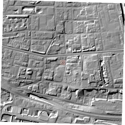 Shaded relief map of the ground around E140DF, computed from Environment Agency LiDAR. The ground here sits at about 4 m above sea level and falls 14 m across the surrounding 800 m. Surface water reaching this point runs off ground lying to the east-south-east, 4.4 m higher.