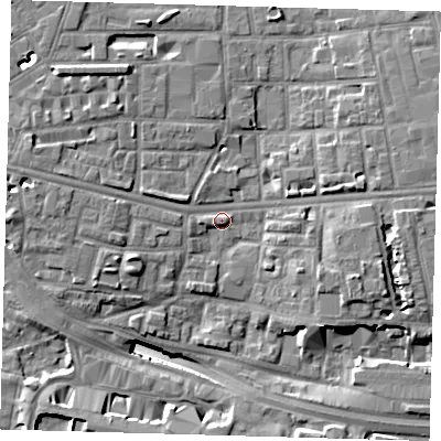 Shaded relief map of the ground around E140DG, computed from Environment Agency LiDAR. The ground here sits at about 5 m above sea level and falls 14 m across the surrounding 800 m. Surface water reaching this point runs off ground lying to the west-north-west, 3.1 m higher.