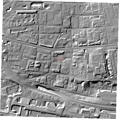 Shaded relief map of the ground around E140DH, computed from Environment Agency LiDAR. The ground here sits at about 4 m above sea level and falls 14 m across the surrounding 800 m. Surface water reaching this point runs off ground lying to the west, 3.0 m higher.