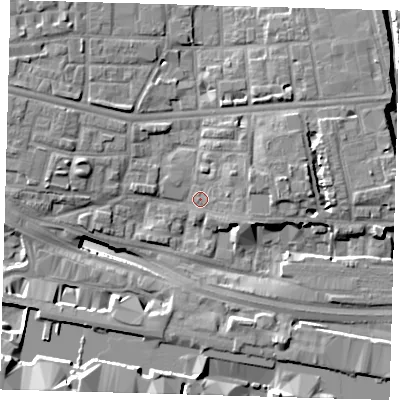 Shaded relief map of the ground around E140DJ, computed from Environment Agency LiDAR. The ground here sits at about 4 m above sea level and falls 17 m across the surrounding 800 m. Surface water reaching this point runs off ground lying to the east-north-east, 4.8 m higher.