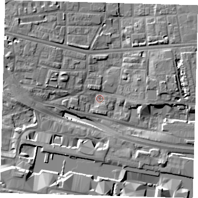 Shaded relief map of the ground around E140DL, computed from Environment Agency LiDAR. The ground here sits at about 3 m above sea level and falls 17 m across the surrounding 800 m. Surface water reaching this point runs off ground lying to the south-west, 17.5 m higher.