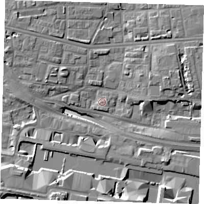 Shaded relief map of the ground around E140DN, computed from Environment Agency LiDAR. The ground here sits at about 4 m above sea level and falls 19 m across the surrounding 800 m. Surface water reaching this point runs off ground lying to the south-west, 17.5 m higher.