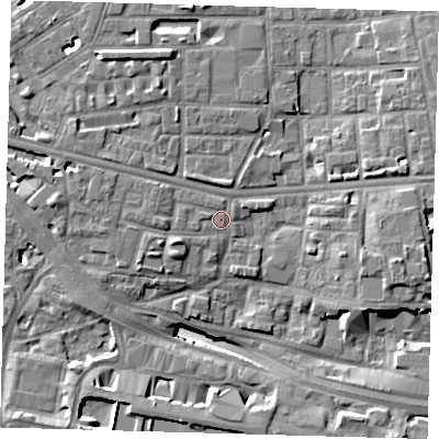 Shaded relief map of the ground around E140DQ, computed from Environment Agency LiDAR. The ground here sits at about 5 m above sea level and falls 14 m across the surrounding 800 m. Surface water reaching this point runs off ground lying to the west, 2.0 m higher.