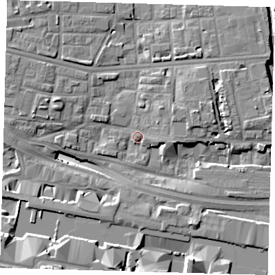 Shaded relief map of the ground around E140DR, computed from Environment Agency LiDAR. The ground here sits at about 4 m above sea level and falls 18 m across the surrounding 800 m. Surface water reaching this point runs off ground lying to the east-north-east, 6.1 m higher.