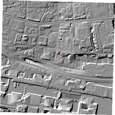 Shaded relief map of the ground around E140DT, computed from Environment Agency LiDAR. The ground here sits at about 3 m above sea level and falls 19 m across the surrounding 800 m. Surface water reaching this point runs off ground lying to the east-north-east, 6.1 m higher.