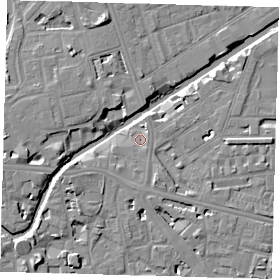 Shaded relief map of the ground around E140DX, computed from Environment Agency LiDAR. The ground here sits at about 6 m above sea level and falls 12 m across the surrounding 800 m. Surface water reaching this point runs off ground lying to the north-north-east, 1.9 m higher.