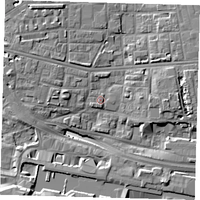 Shaded relief map of the ground around E140DY, computed from Environment Agency LiDAR. The ground here sits at about 4 m above sea level and falls 17 m across the surrounding 800 m. Surface water reaching this point runs off ground lying to the east, 4.4 m higher.