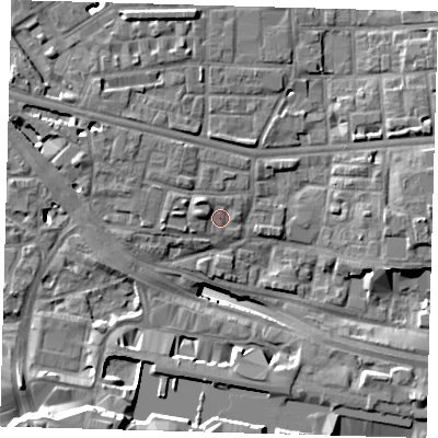 Shaded relief map of the ground around E140DZ, computed from Environment Agency LiDAR. The ground here sits at about 5 m above sea level and falls 17 m across the surrounding 800 m. Surface water reaching this point runs off ground lying to the north-west, 2.7 m higher.