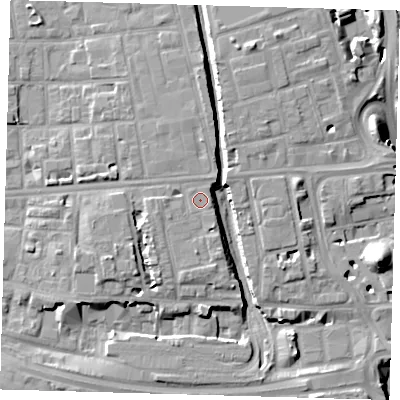 Shaded relief map of the ground around E140EH, computed from Environment Agency LiDAR. The ground here sits at about 6 m above sea level and falls 12 m across the surrounding 800 m. Surface water reaching this point runs off ground lying to the east, 0.6 m higher.