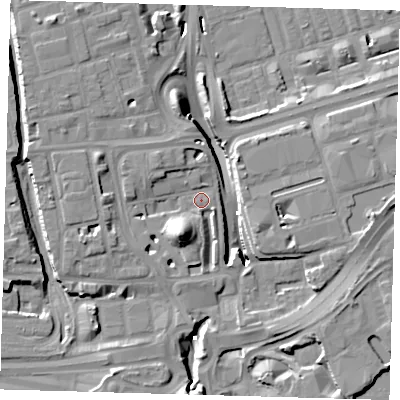 Shaded relief map of the ground around E140EN, computed from Environment Agency LiDAR. The ground here sits at about 3 m above sea level and falls 15 m across the surrounding 800 m. Surface water reaching this point runs off ground lying to the south-south-west, 9.6 m higher.