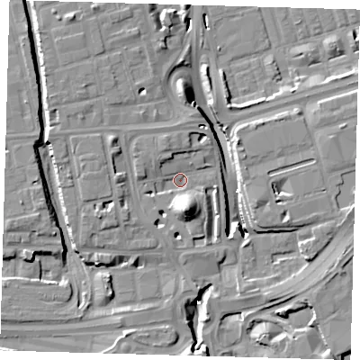 Shaded relief map of the ground around E140EW, computed from Environment Agency LiDAR. The ground here sits at about 3 m above sea level and falls 15 m across the surrounding 800 m. Surface water reaching this point runs off ground lying to the south-south-east, 9.6 m higher.