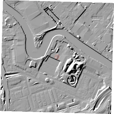 Shaded relief map of the ground around E140FA, computed from Environment Agency LiDAR. The ground here sits at about 3 m above sea level and falls 17 m across the surrounding 800 m. Surface water reaching this point runs off ground lying to the west, 9.4 m higher.