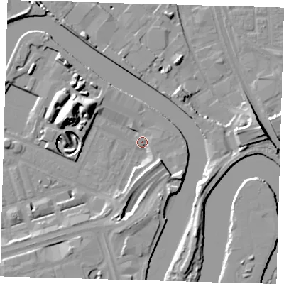 Shaded relief map of the ground around E140FB, computed from Environment Agency LiDAR. The ground here sits at about 3 m above sea level and falls 16 m across the surrounding 800 m. Surface water reaching this point runs off ground lying to the south-east, 11.2 m higher.
