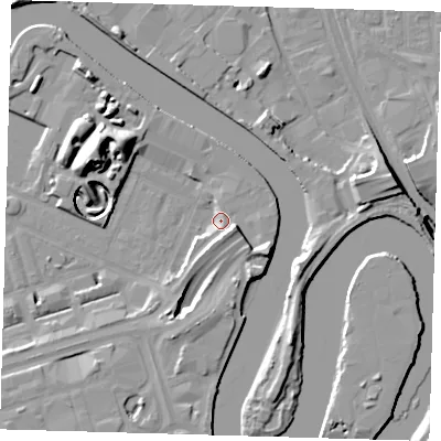 Shaded relief map of the ground around E140FE, computed from Environment Agency LiDAR. The ground here sits at about 4 m above sea level and falls 19 m across the surrounding 800 m. Surface water reaching this point runs off ground lying to the east-south-east, 11.2 m higher.