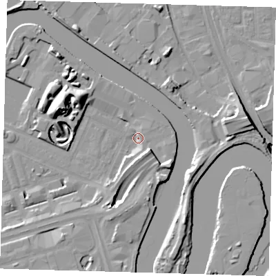 Shaded relief map of the ground around E140FF, computed from Environment Agency LiDAR. The ground here sits at about 3 m above sea level and falls 19 m across the surrounding 800 m. Surface water reaching this point runs off ground lying to the south-east, 11.2 m higher.
