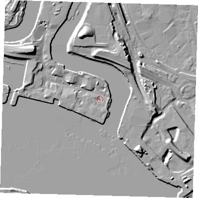 Shaded relief map of the ground around E140FG, computed from Environment Agency LiDAR. The ground here sits at about 3 m above sea level and falls 18 m across the surrounding 800 m. Surface water reaching this point runs off ground lying to the south-west, 2.5 m higher.