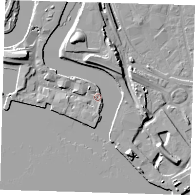 Shaded relief map of the ground around E140FH, computed from Environment Agency LiDAR. The ground here sits at about 5 m above sea level and falls 18 m across the surrounding 800 m. Surface water reaching this point runs off ground lying to the south-west, 2.5 m higher.