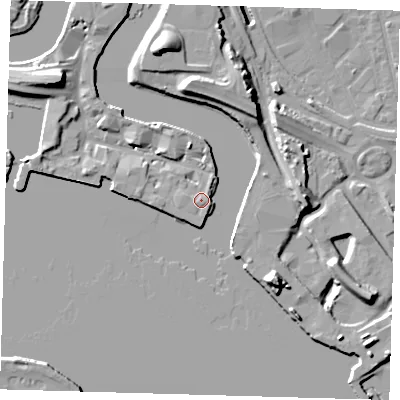 Shaded relief map of the ground around E140FJ, computed from Environment Agency LiDAR. The ground here sits at about 5 m above sea level and falls 18 m across the surrounding 800 m. Surface water reaching this point runs off ground lying to the south-south-east, 2.7 m higher.