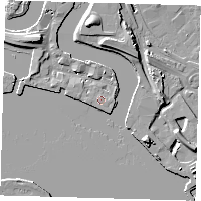 Shaded relief map of the ground around E140FL, computed from Environment Agency LiDAR. The ground here sits at about 5 m above sea level and falls 18 m across the surrounding 800 m. Surface water reaching this point runs off ground lying to the west, 2.5 m higher.