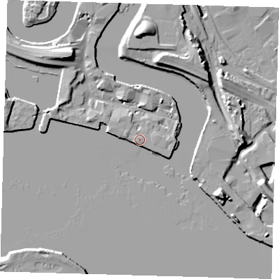 Shaded relief map of the ground around E140FP, computed from Environment Agency LiDAR. The ground here sits at about 5 m above sea level and falls 18 m across the surrounding 800 m. Surface water reaching this point runs off ground lying to the south-east, 9.9 m higher.