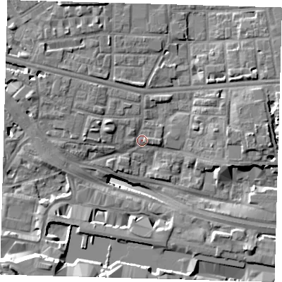 Shaded relief map of the ground around E140FT, computed from Environment Agency LiDAR. The ground here sits at about 4 m above sea level and falls 17 m across the surrounding 800 m. Surface water reaching this point runs off ground lying to the west-north-west, 3.8 m higher.
