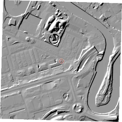 Shaded relief map of the ground around E140GD, computed from Environment Agency LiDAR. The ground here sits at about 2 m above sea level and falls 17 m across the surrounding 800 m. Surface water reaching this point runs off ground lying to the east-south-east, 5.0 m higher.