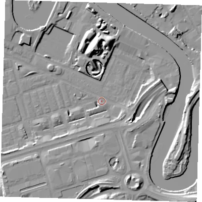 Shaded relief map of the ground around E140GE, computed from Environment Agency LiDAR. The ground here sits at about 2 m above sea level and falls 16 m across the surrounding 800 m. Surface water reaching this point runs off ground lying to the east-south-east, 5.0 m higher.