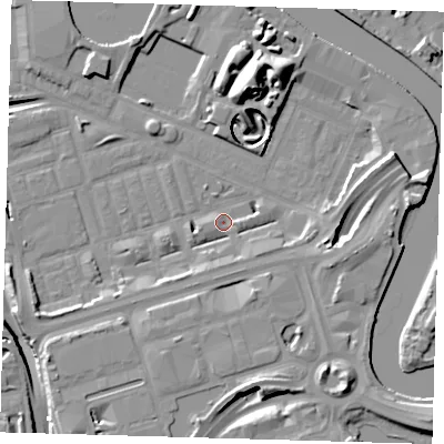 Shaded relief map of the ground around E140GG, computed from Environment Agency LiDAR. The ground here sits at about 2 m above sea level and falls 16 m across the surrounding 800 m. Surface water reaching this point runs off ground lying to the east, 3.8 m higher.