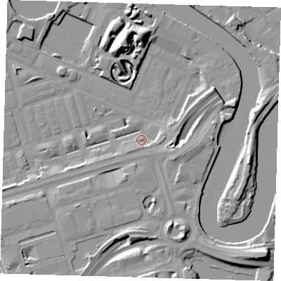 Shaded relief map of the ground around E140GH, computed from Environment Agency LiDAR. The ground here sits at about 3 m above sea level and falls 17 m across the surrounding 800 m. Surface water reaching this point runs off ground lying to the south-south-west, 2.3 m higher.