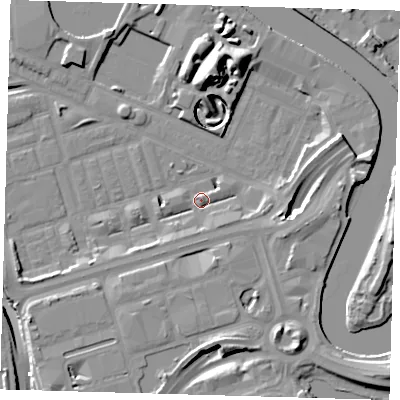 Shaded relief map of the ground around E140GJ, computed from Environment Agency LiDAR. The ground here sits at about 3 m above sea level and falls 16 m across the surrounding 800 m. Surface water reaching this point runs off ground lying to the east-south-east, 4.5 m higher.