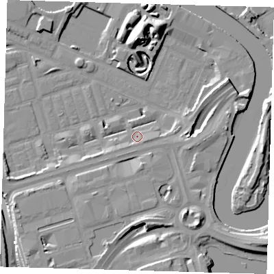 Shaded relief map of the ground around E140GL, computed from Environment Agency LiDAR. The ground here sits at about 3 m above sea level and falls 16 m across the surrounding 800 m. Surface water reaching this point runs off ground lying to the east, 3.3 m higher.