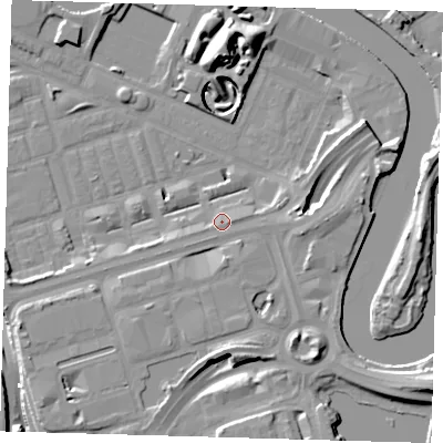 Shaded relief map of the ground around E140GN, computed from Environment Agency LiDAR. The ground here sits at about 4 m above sea level and falls 17 m across the surrounding 800 m. Surface water reaching this point runs off ground lying to the east, 3.0 m higher.
