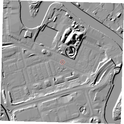 Shaded relief map of the ground around E140GP, computed from Environment Agency LiDAR. The ground here sits at about 2 m above sea level and falls 16 m across the surrounding 800 m. Surface water reaching this point runs off ground lying to the north-north-east, 15.4 m higher.
