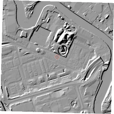 Shaded relief map of the ground around E140GQ, computed from Environment Agency LiDAR. The ground here sits at about 2 m above sea level and falls 16 m across the surrounding 800 m. Surface water reaching this point runs off ground lying to the north-north-east, 15.4 m higher.